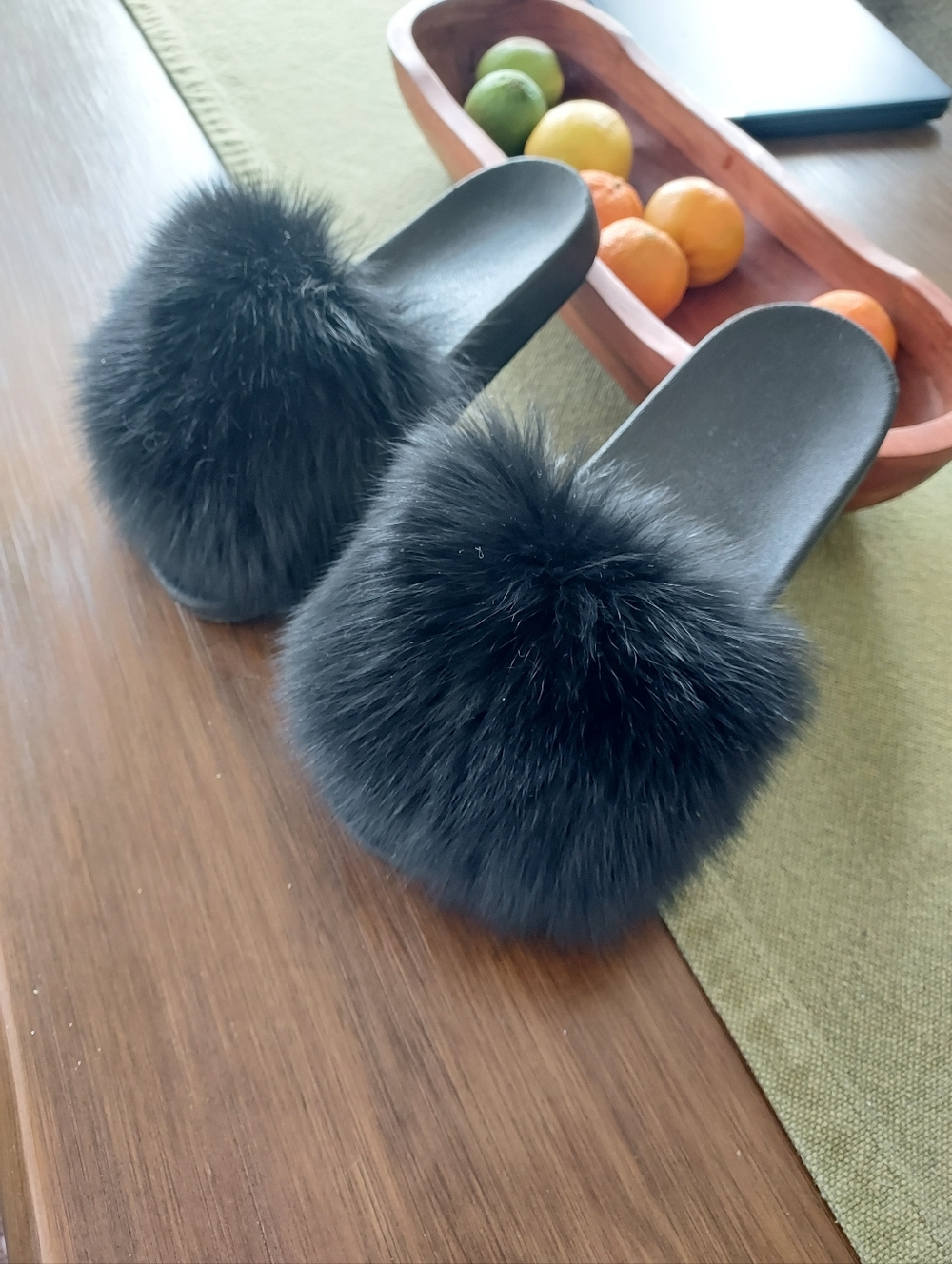 Confetti Black Fox Fur Slide Sandals - Women